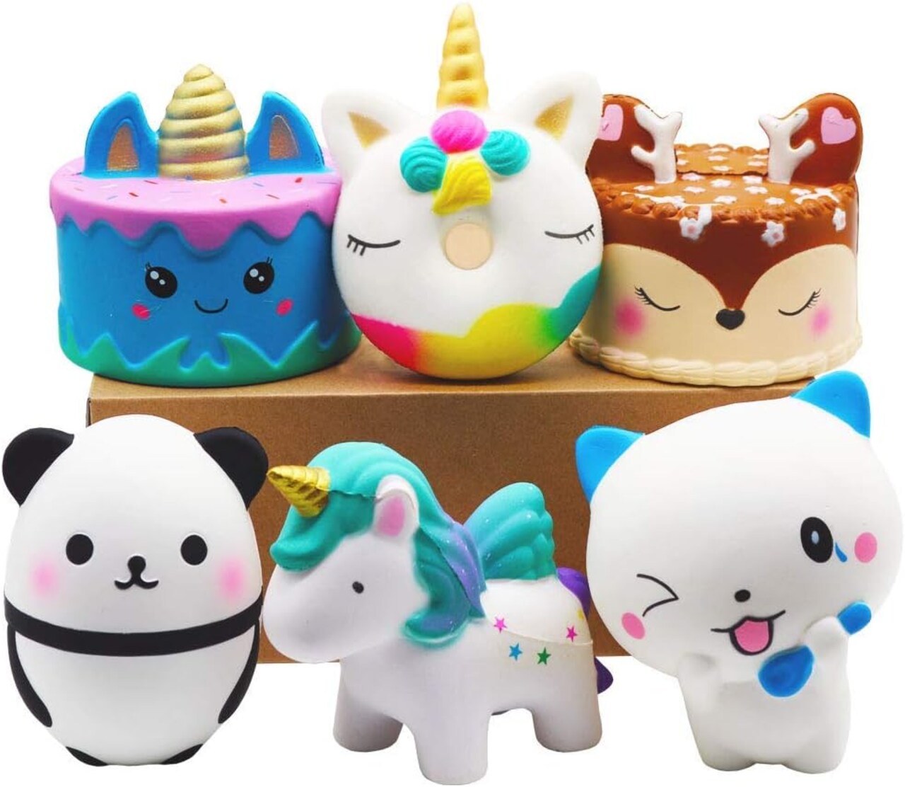 6 Pcs Squishies Toy Jumbo Slow Rising Horse,Cake, Donut,Panda,Spoon Cat Set for Kids Party Favors Stress Relief Toys